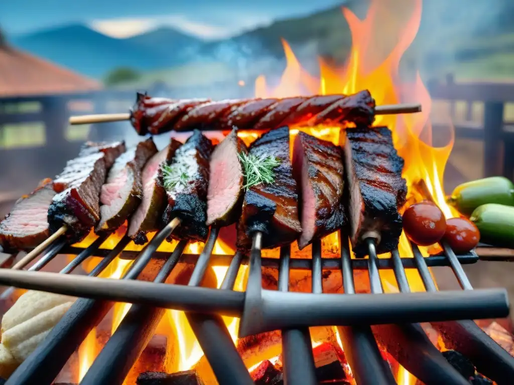 Una parrilla uruguaya tradicional con carnes sizzling rodeada de brasas, en un escenario campestre con gauchos