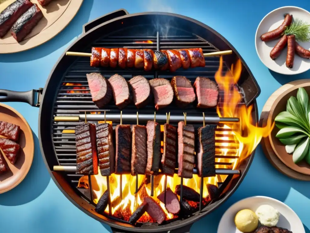 Una parrilla uruguaya tradicional con churrasco, chorizo y morcilla, en medio de la exuberante pampa, bajo un cielo azul