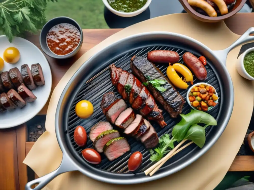 Una parrilla uruguaya tradicional con churrasco, chorizos, morcilla y mollejas, rodeada de chimichurri y sangría bajo un jacarandá en el campo