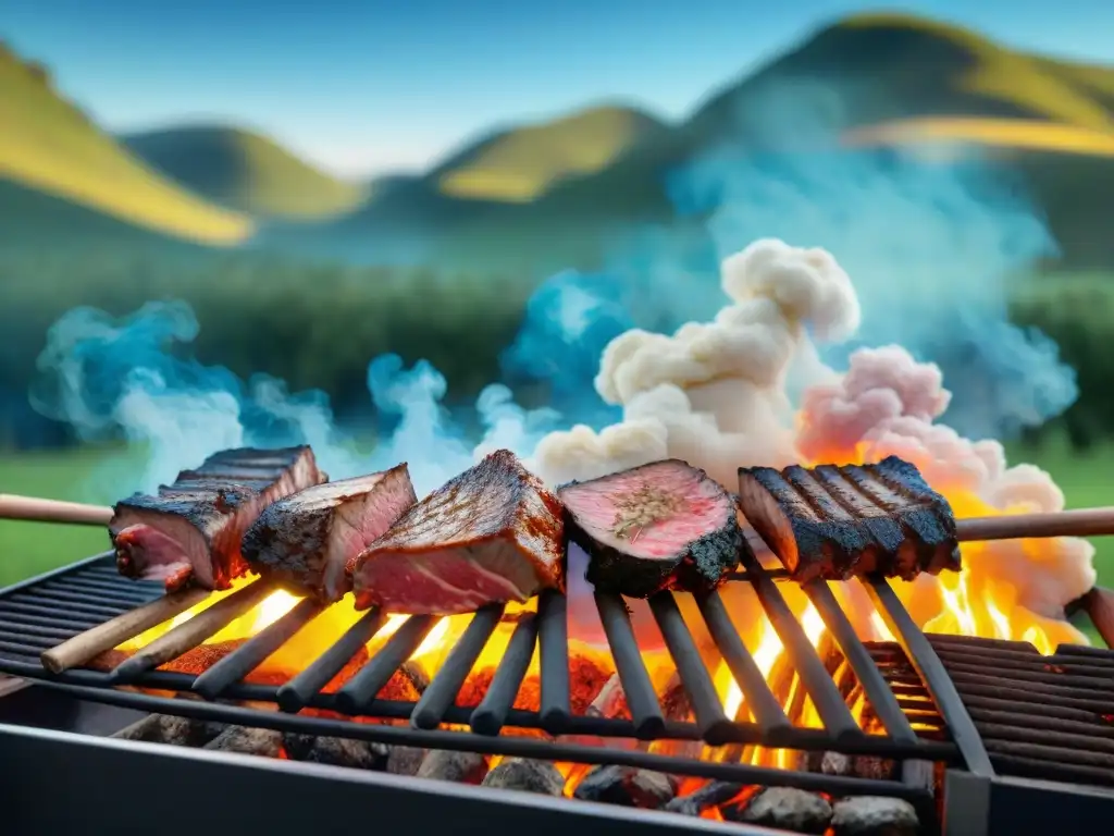 Una parrilla uruguaya tradicional con combinaciones de especias para asado, en un paisaje de colinas verdes