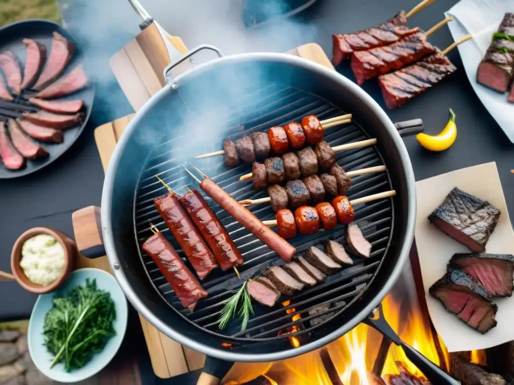 Una parrilla uruguaya tradicional con cortes de carne asándose, rodeada de personas disfrutando de un animado evento de asado en Uruguay