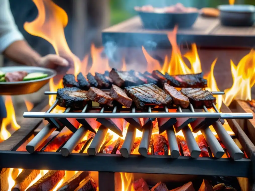 Una parrilla uruguaya tradicional con cortes de carne suculentos y chorizos, en un ambiente rústico ideal para un asado en familia y amigos