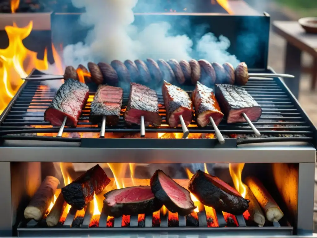 Una parrilla uruguaya tradicional con cortes premium cocinándose a la parrilla rodeada de amigos y familiares