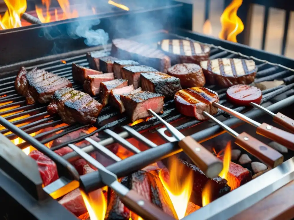 Una parrilla uruguaya tradicional con cortes de carne sizzling, reflejando técnicas de asado uruguayo tradicionales