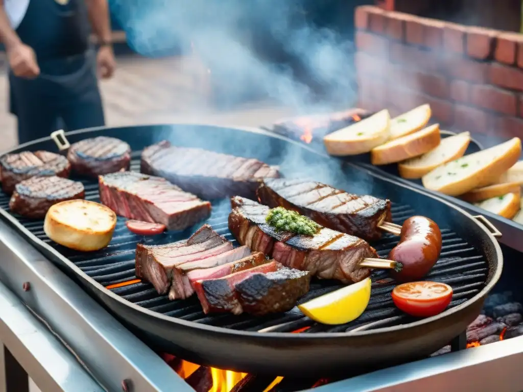 Una parrilla uruguaya tradicional con cortes de asado de tira, vacío y chorizos, chimichurri, pan y vino Tannat en Montevideo