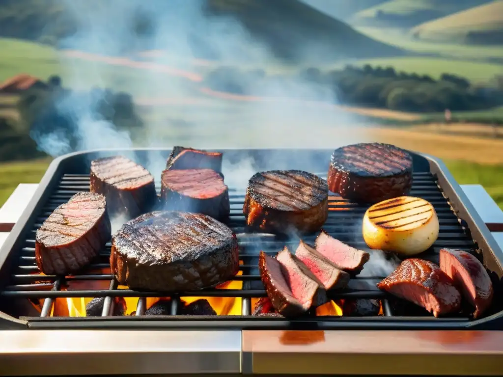 Una parrilla uruguaya tradicional con cortes jugosos y paisaje campestre