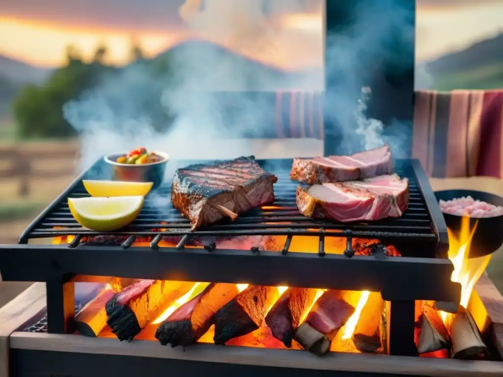 Una parrilla uruguaya tradicional con gauchos preparando cortes de carne, en un entorno rústico al atardecer