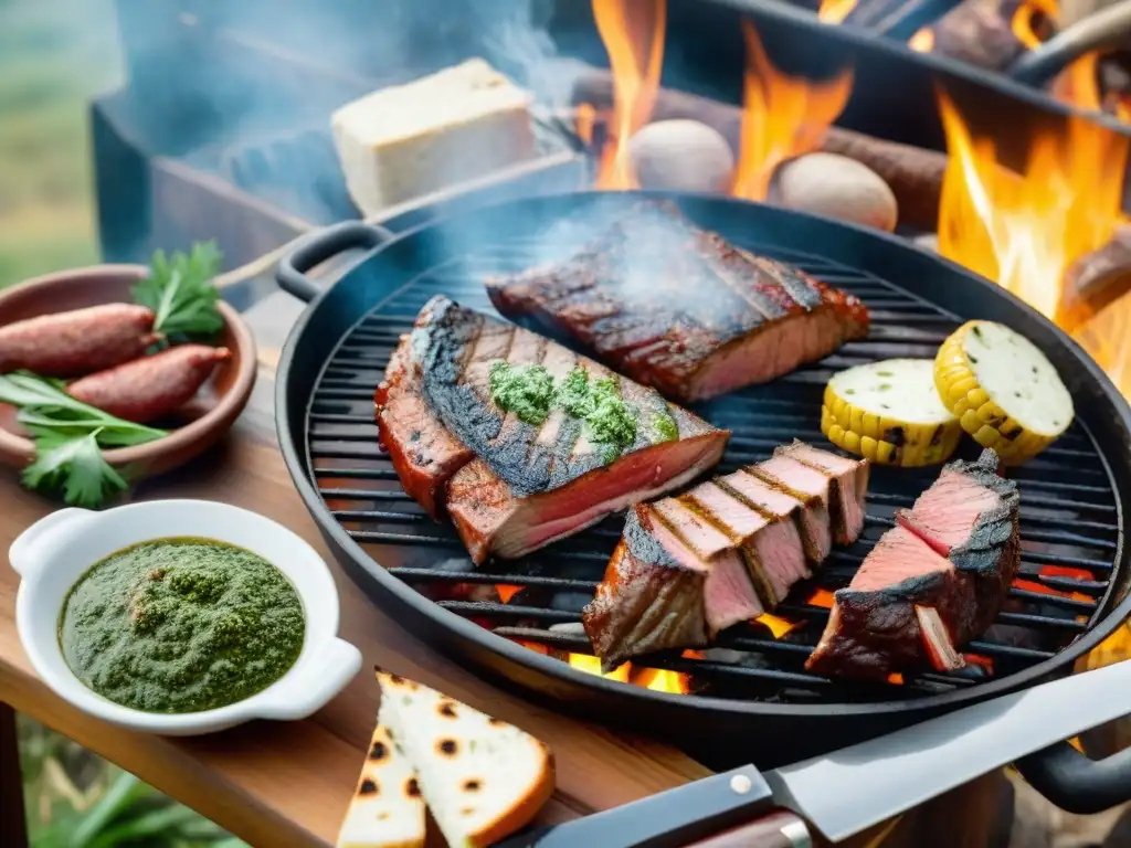 Una parrilla uruguaya tradicional con cortes de asado de tira, vacío y chorizo, chimichurri, pan y vino Tannat