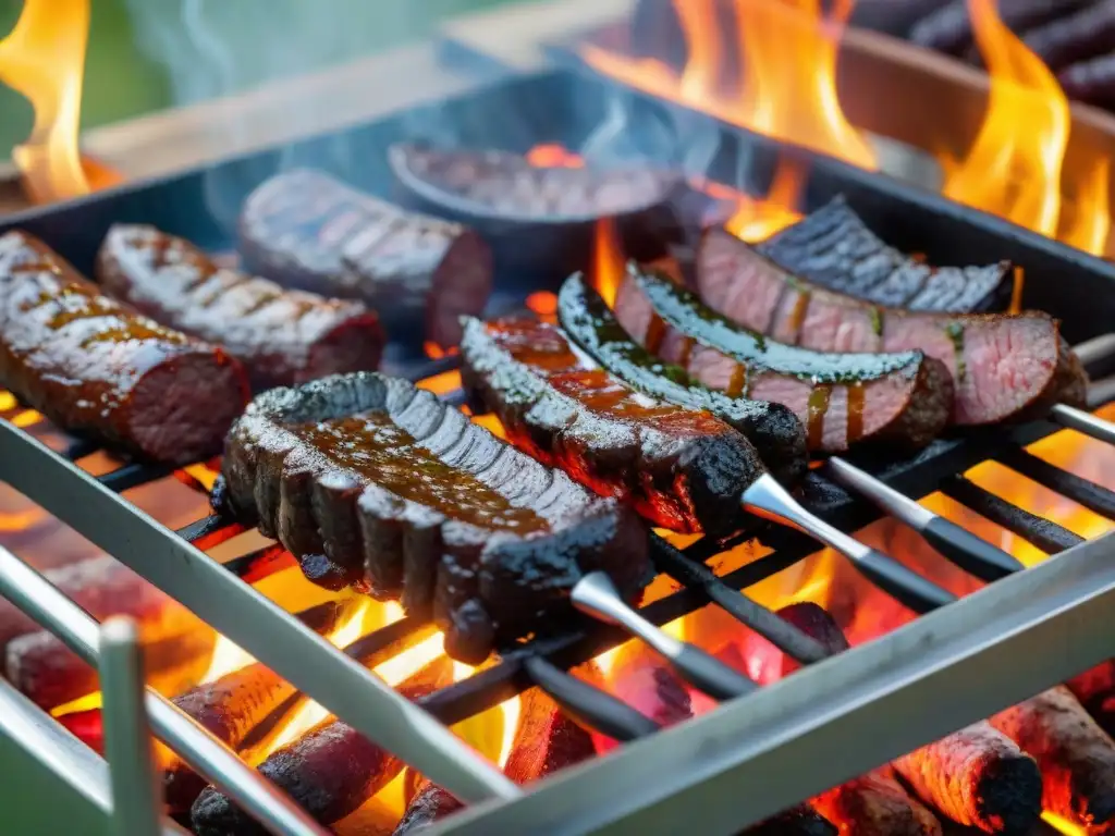 Una parrilla uruguaya tradicional con cortes de carne, chorizos y morcilla cocinándose a la brasa