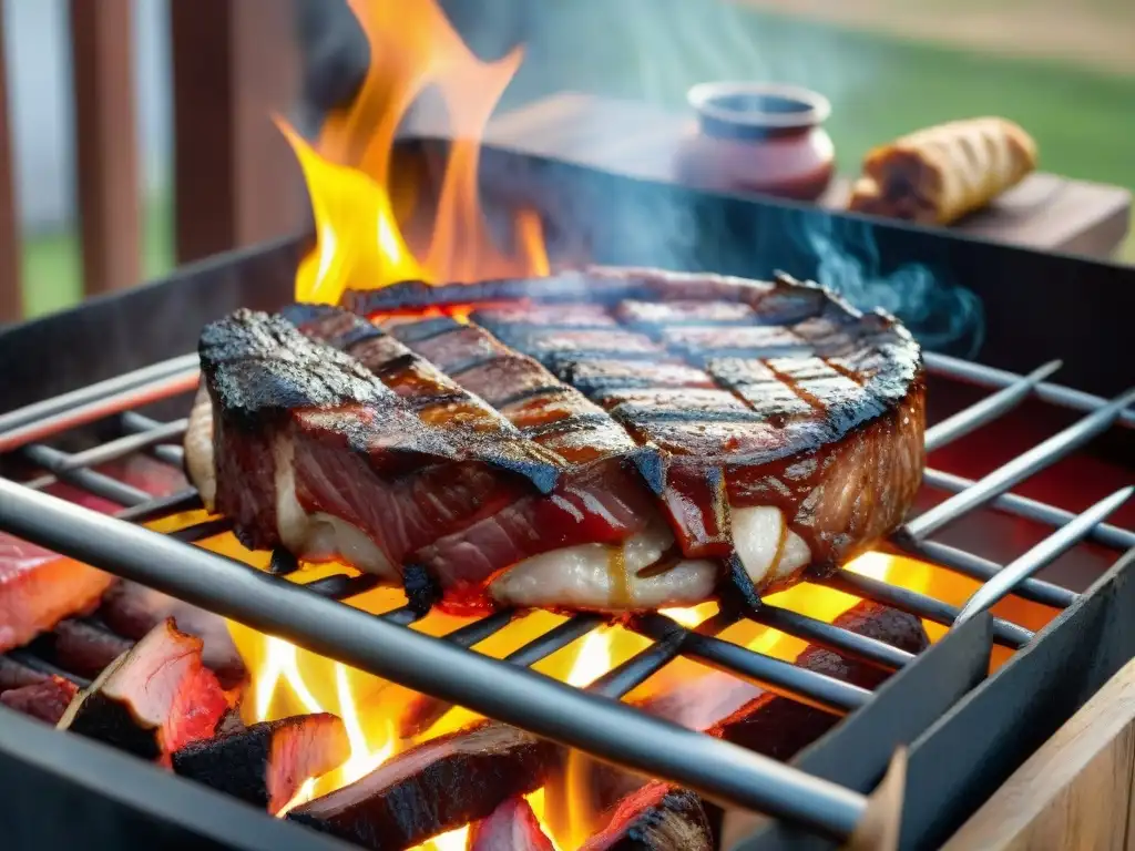 Una parrilla uruguaya tradicional con cortes icónicos asando al fuego en un atardecer dorado