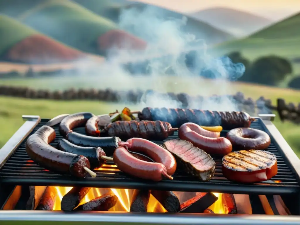 Una parrilla uruguaya tradicional con cortes de carne variados en una escena campestre