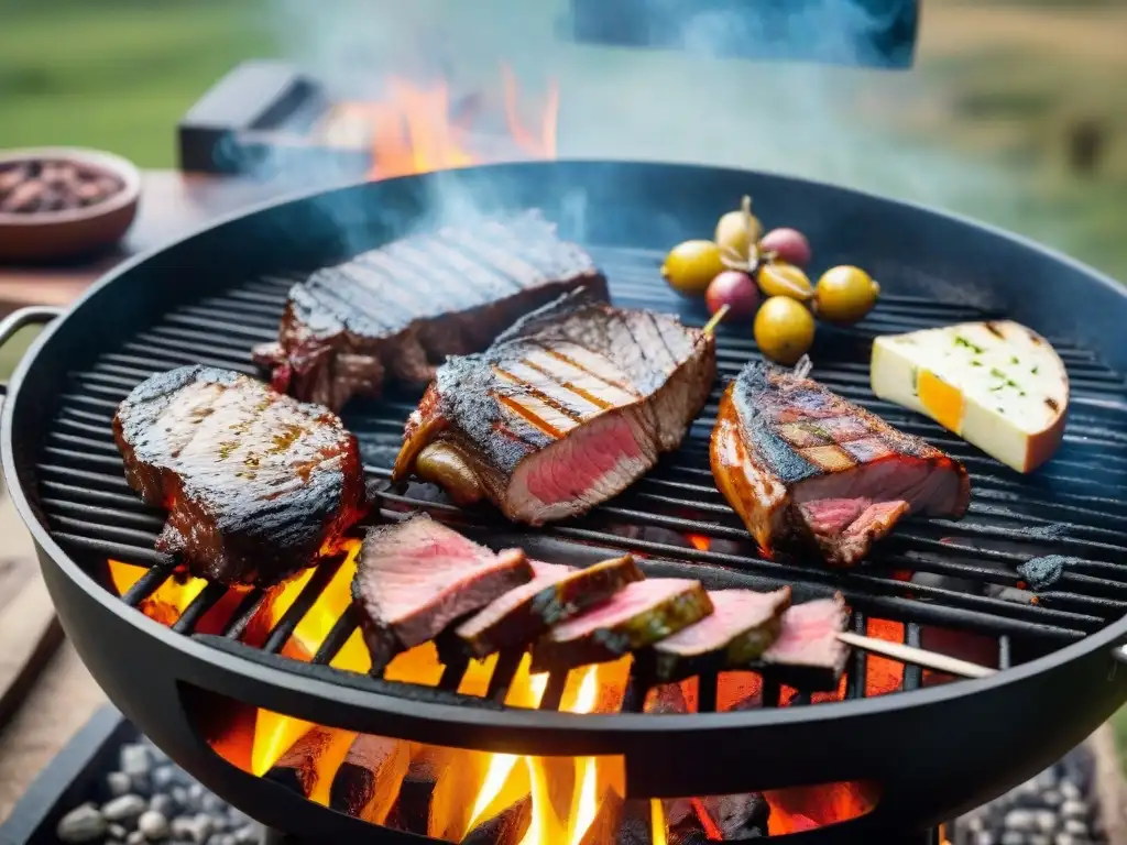 Una parrilla uruguaya tradicional con cortes de carne asándose a la perfección sobre brasas, en un paisaje campestre