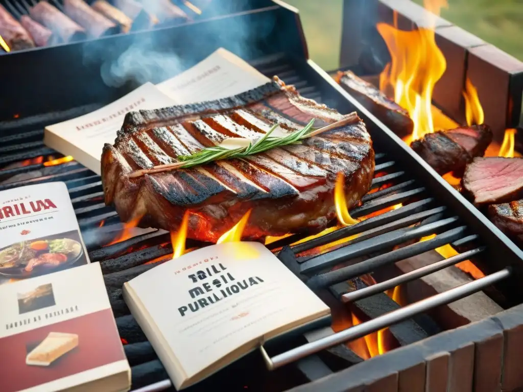 Una parrilla uruguaya tradicional con cortes de carne sizzling, rodeada de libros de cocina