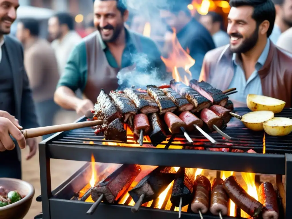 Una parrilla uruguaya tradicional con cortes de carne, amigos y familia disfrutando, reflejando el significado cultural del asado uruguayo