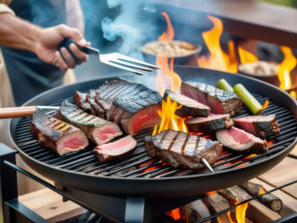 Una parrilla uruguaya tradicional con cortes premium, asador y ambiente rústico