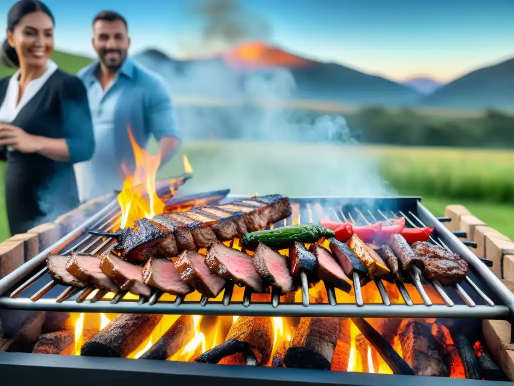 Una parrilla uruguaya tradicional con cortes de carne asándose sobre brasas