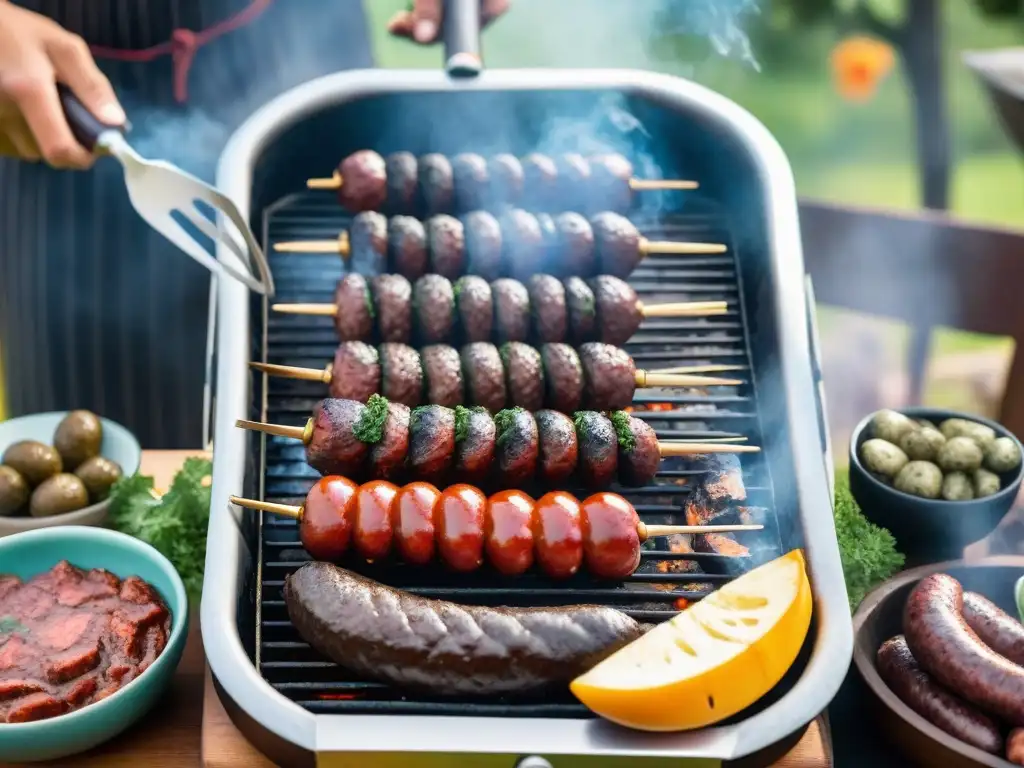 Una parrilla uruguaya tradicional con cortes premium rodeada de amigos y familia disfrutando de un día soleado en el campo