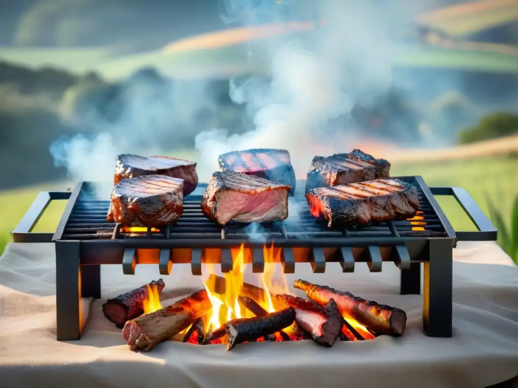 Una parrilla uruguaya tradicional con cortes de carne se doran sobre las llamas, en un paisaje campestre