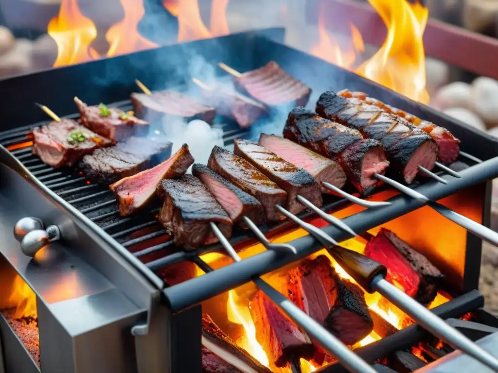 Una parrilla uruguaya tradicional brilla con cortes de carne sizzling, rodeada de brasas y humo