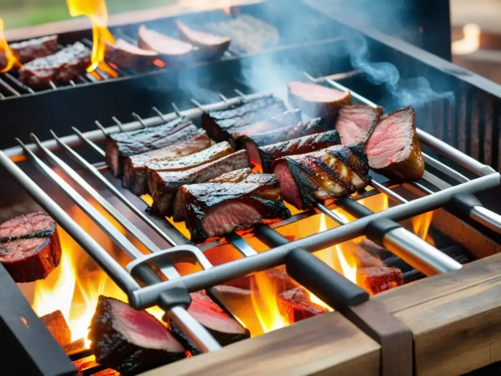 Una parrilla uruguaya tradicional con cortes de carne suculenta y amigos riendo, ideal para disfrutar asado en los mejores lugares