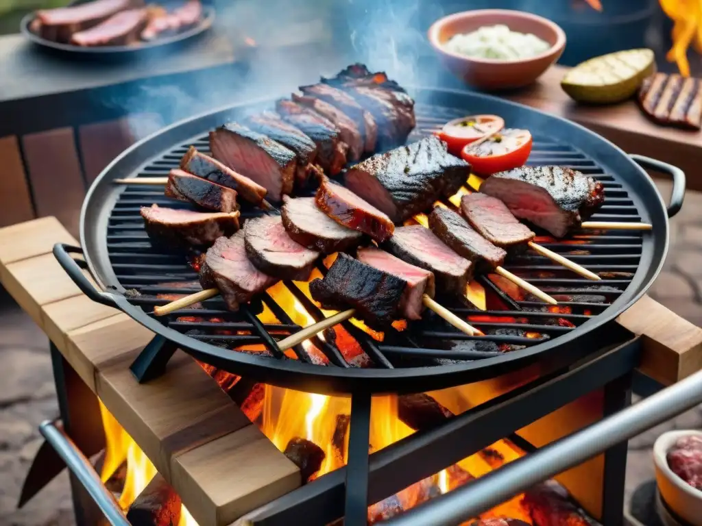 Una parrilla uruguaya tradicional con cortes de carne rodeada de un ambiente rústico y acogedor