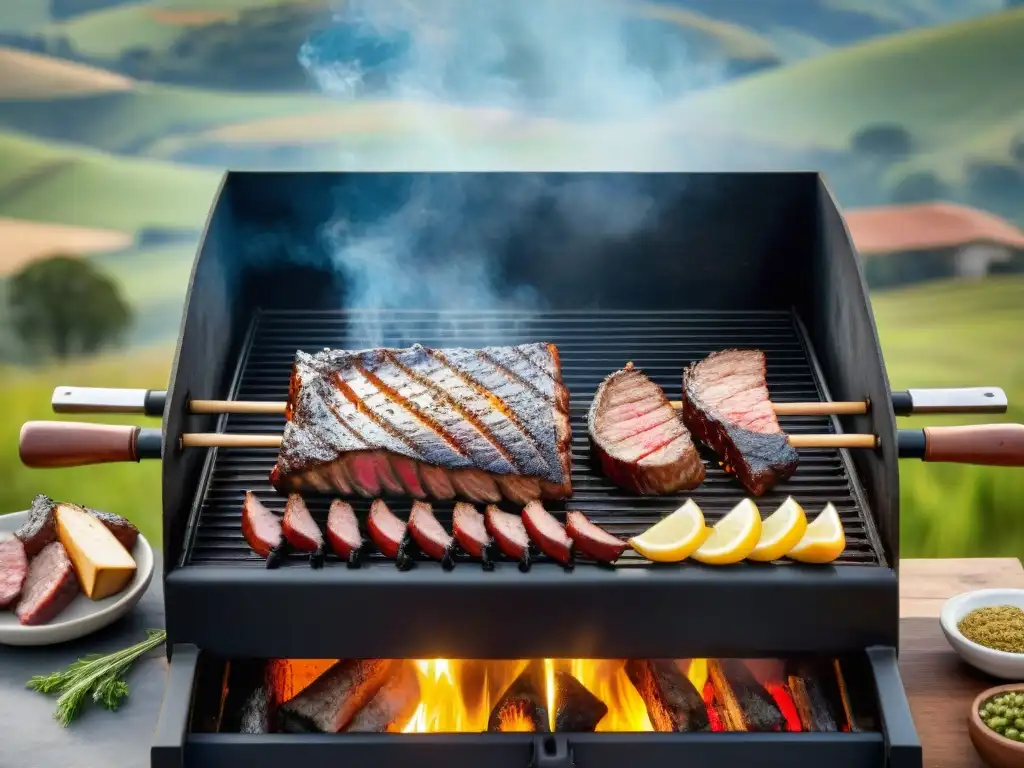 Una parrilla uruguaya tradicional con cortes premium de carne asándose, en un paisaje campestre