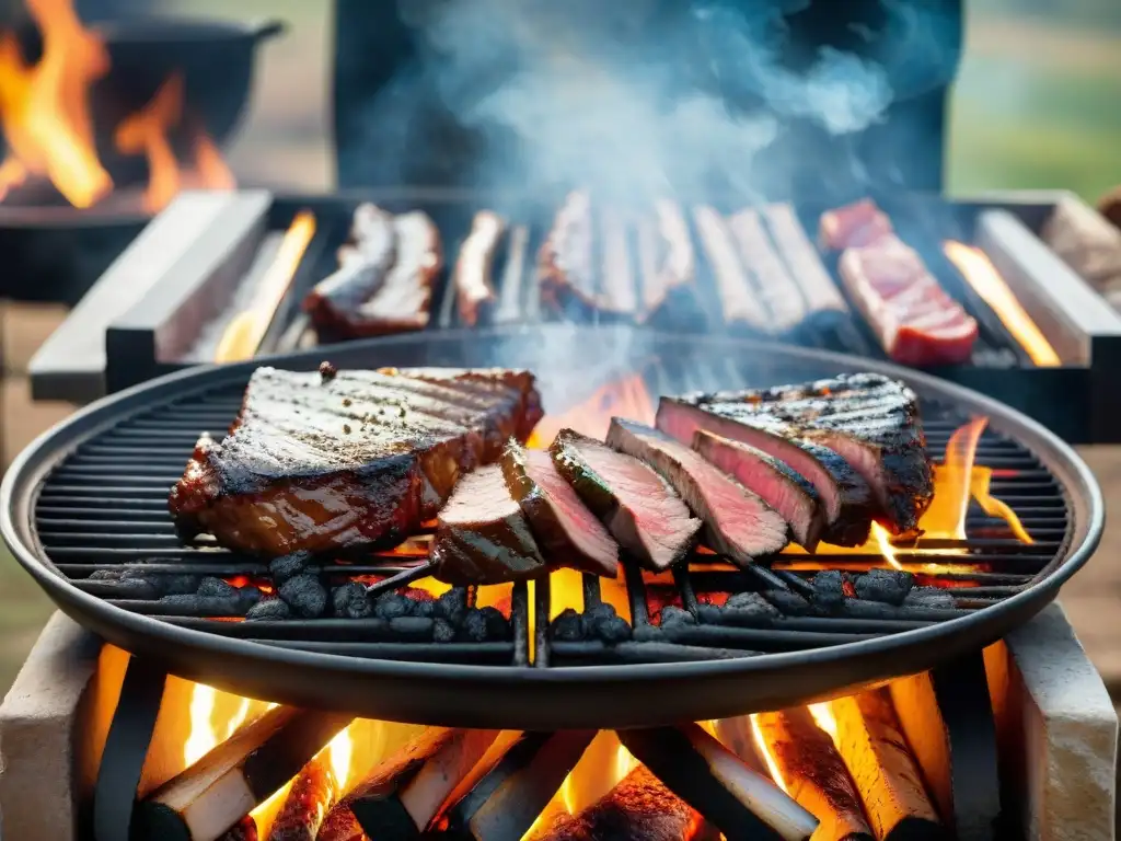 Una parrilla uruguaya tradicional con cortes de carne ahumados sobre brasas calientes en un paisaje campestre