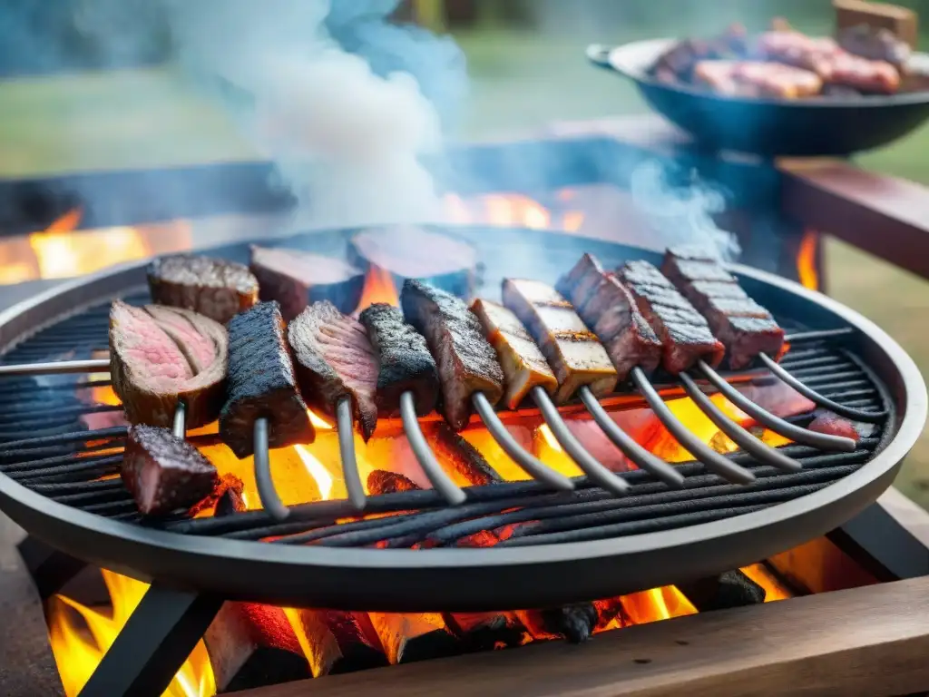 Una parrilla uruguaya tradicional con cortes de carne churrasco, morcilla y chorizo, rodeada de humo y brasas brillantes