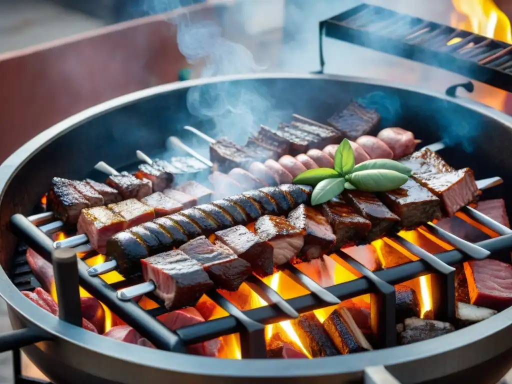 Una parrilla uruguaya tradicional con cortes de carne, ambiente histórico y humo