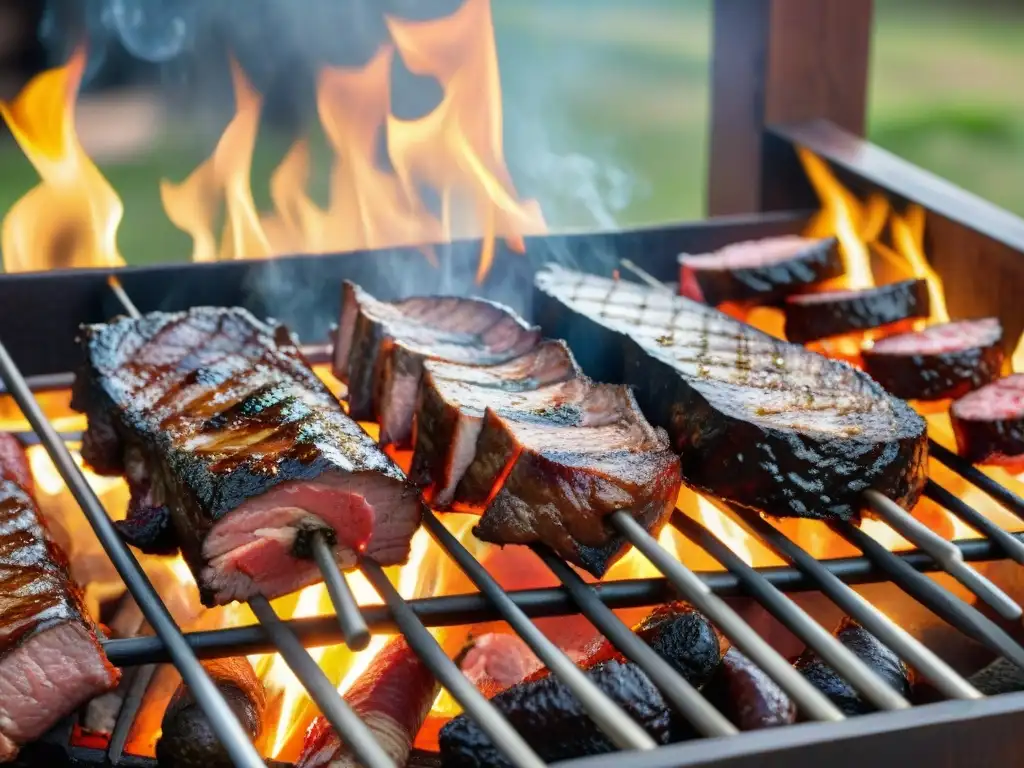 Una parrilla uruguaya tradicional con cortes premium cocinados a la perfección sobre carbón, fusionando técnicas modernas asado uruguayo