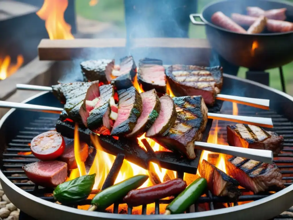 Una parrilla uruguaya tradicional con cortes de carne cocinándose a la perfección con la técnica asado uruguayo cruz