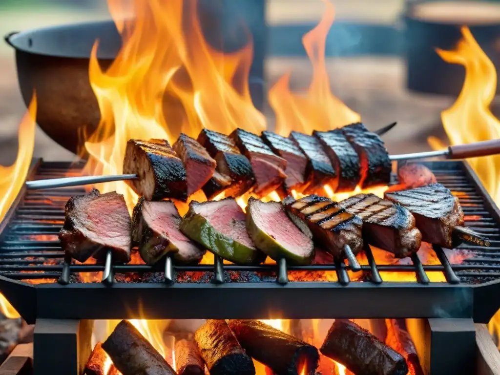 Una parrilla uruguaya tradicional en acción, con cortes de carne suculenta cocinándose sobre brasas