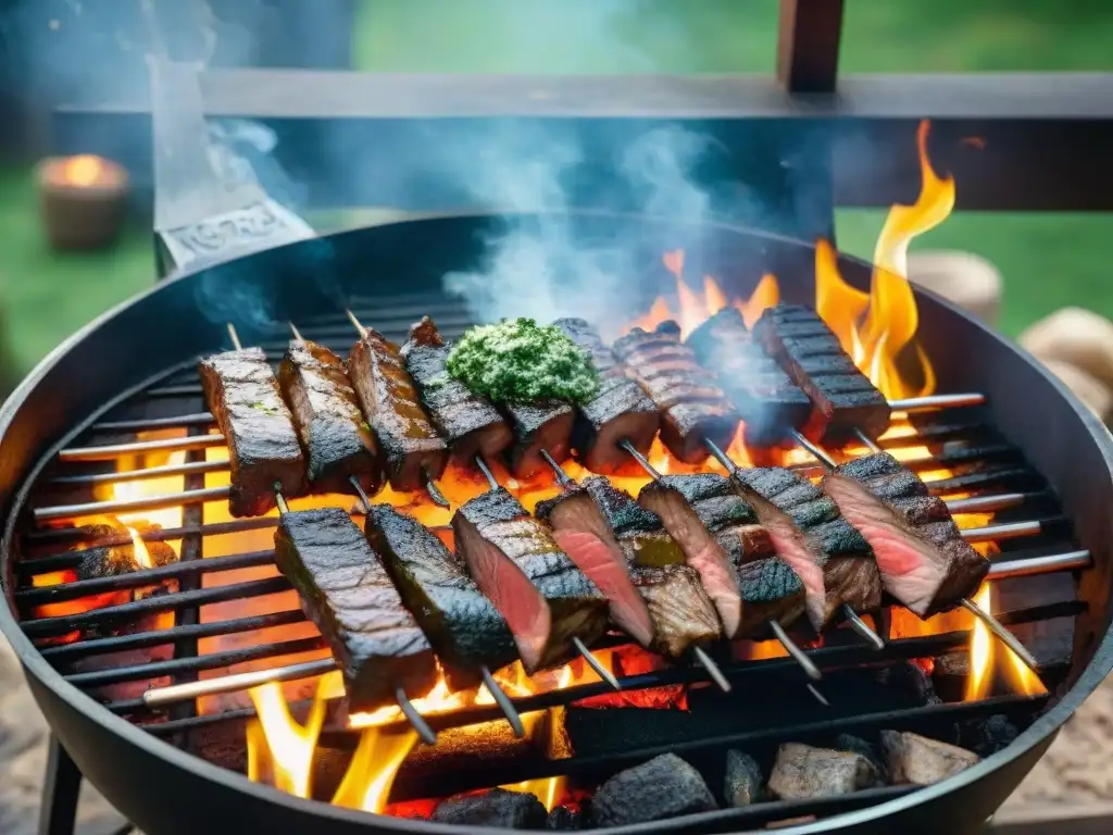 Una parrilla uruguaya tradicional con cortes premium y chimichurri, en un asado al aire libre