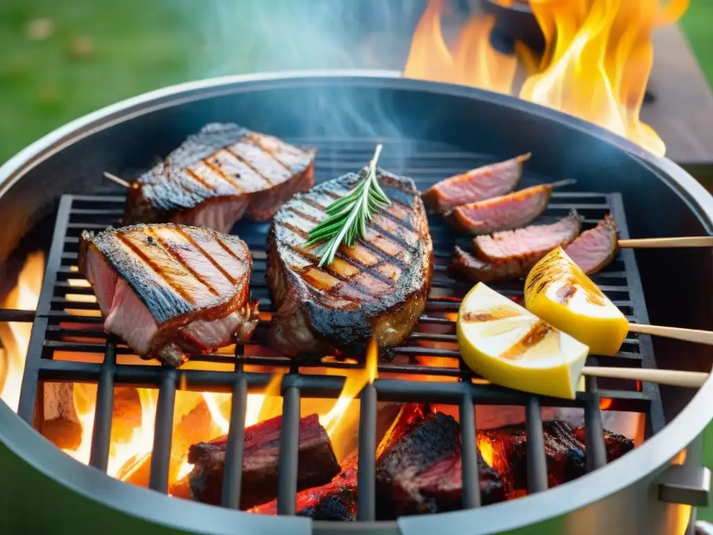 Una parrilla uruguaya tradicional con cortes de carne sizzling