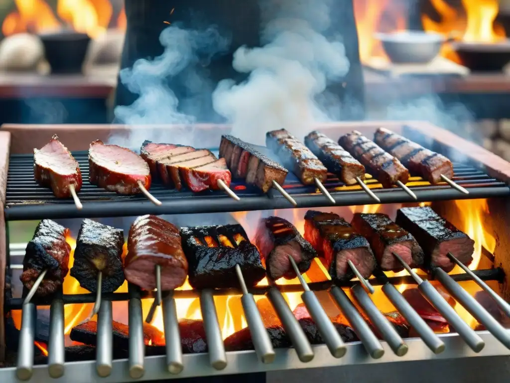 Una parrilla uruguaya tradicional con cortes de carne al fuego