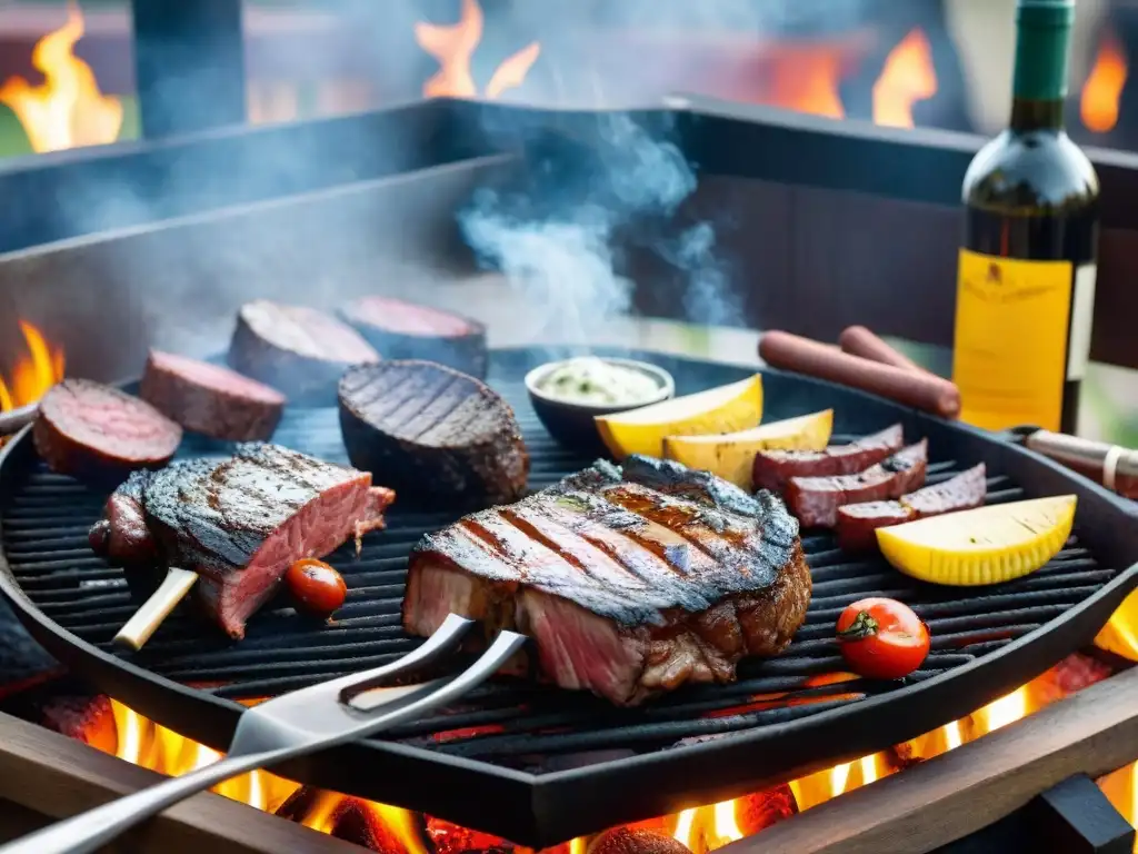 Delicioso asado uruguayo con cortes tradicionales y vino Tannat Una parrilla uruguaya tradicional con cortes de carne variados y vino Tannat en un entorno rústico