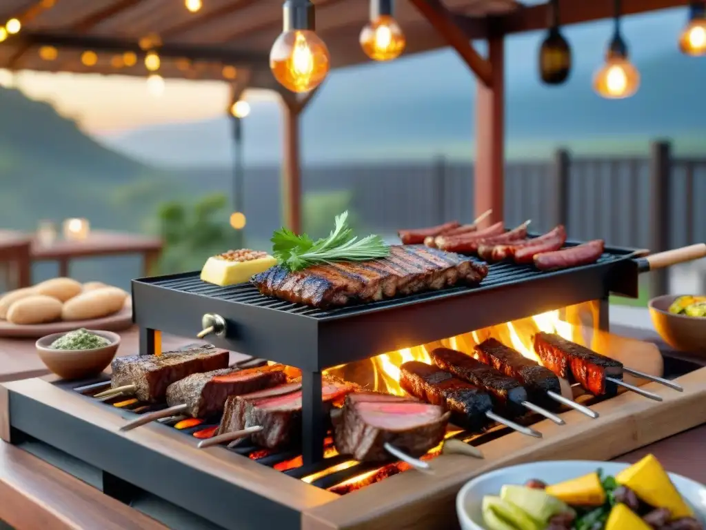 Una parrilla uruguaya tradicional con cortes de carne cocinándose a la perfección en un jardín al atardecer, rodeada de chimichurri y vino Tannat