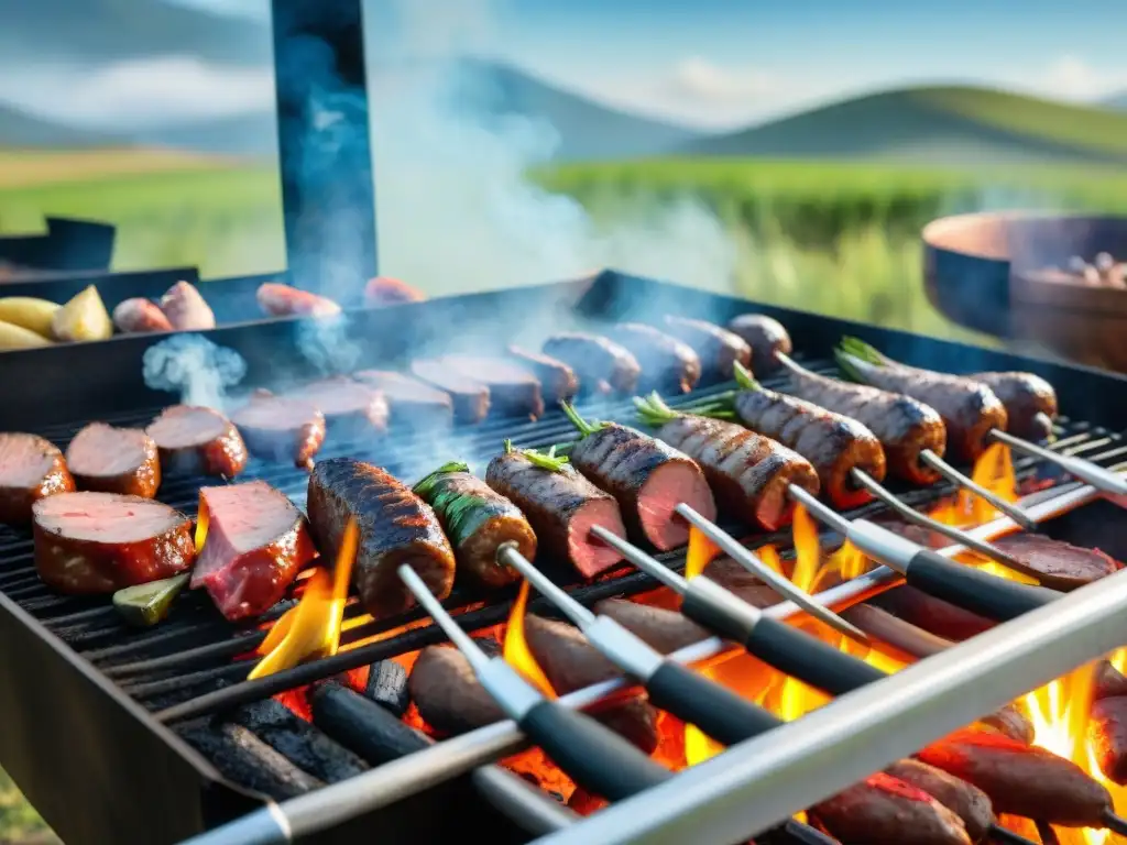 Una parrilla uruguaya tradicional con cortes premium cocinándose sobre brasas, en un asado en el campo