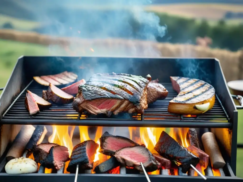 Una parrilla uruguaya tradicional asando cortes de carne sobre brasas, en un entorno campestre con amigos y certificación profesional asado uruguayo