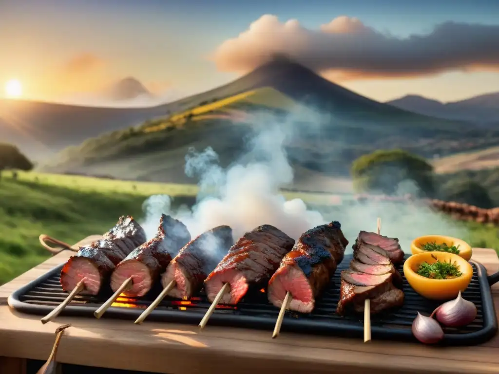 Una parrilla uruguaya tradicional con cortes de carne, chorizos y morcilla, técnicas de asado uruguayo en paisaje rural al atardecer