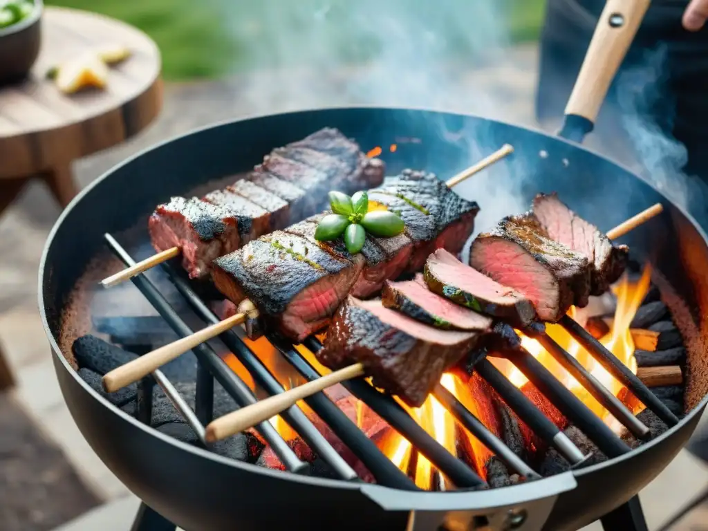 Una parrilla uruguaya tradicional en un día soleado, con carne asada ética y sostenible, rodeada de amigos y familiares felices