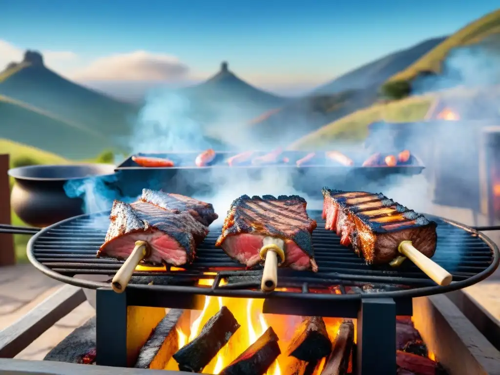 Una parrilla uruguaya tradicional en un entorno rústico con gauchos y amigos