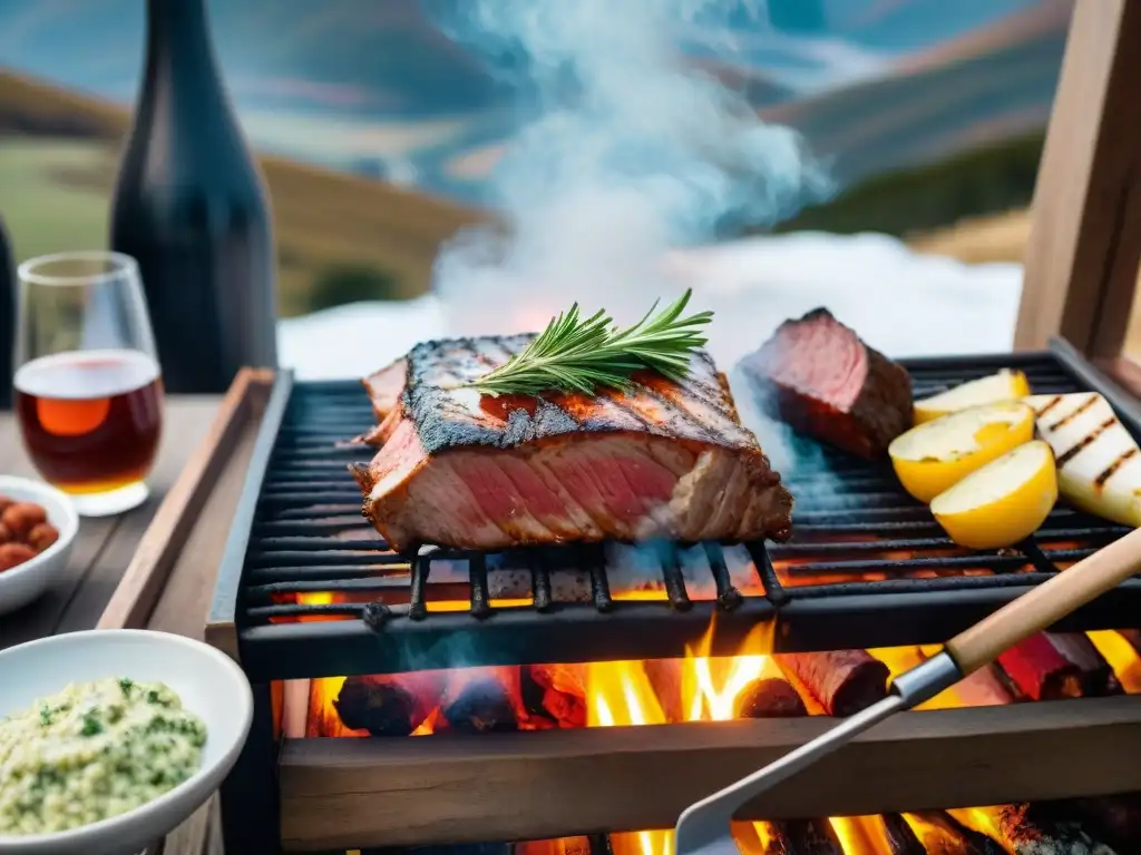 Una parrilla uruguaya tradicional en un escenario invernal, rodeada de nieve