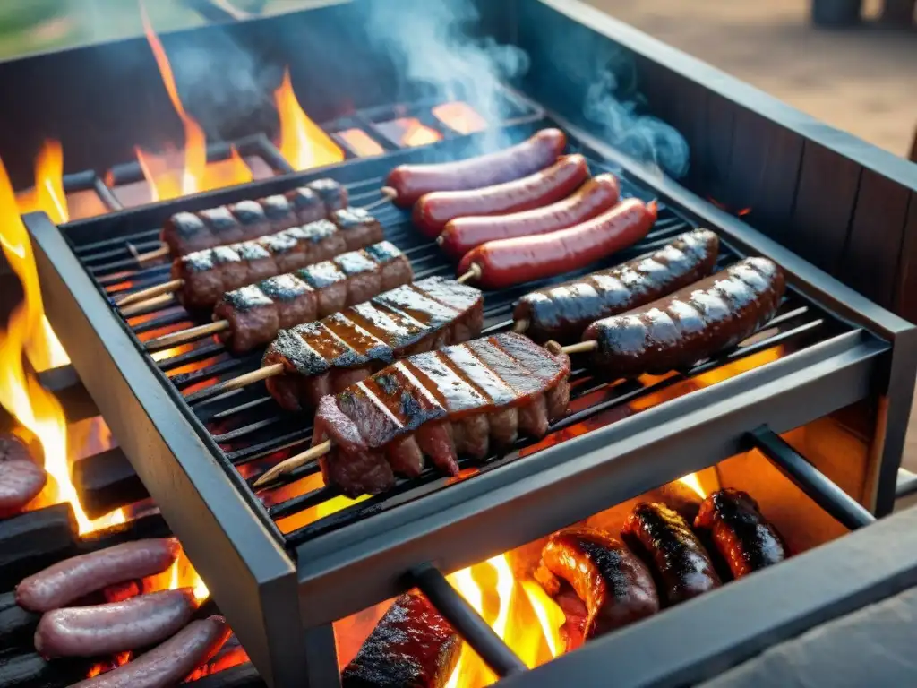 Una parrilla uruguaya tradicional en una estancia con gauchos preparando asado