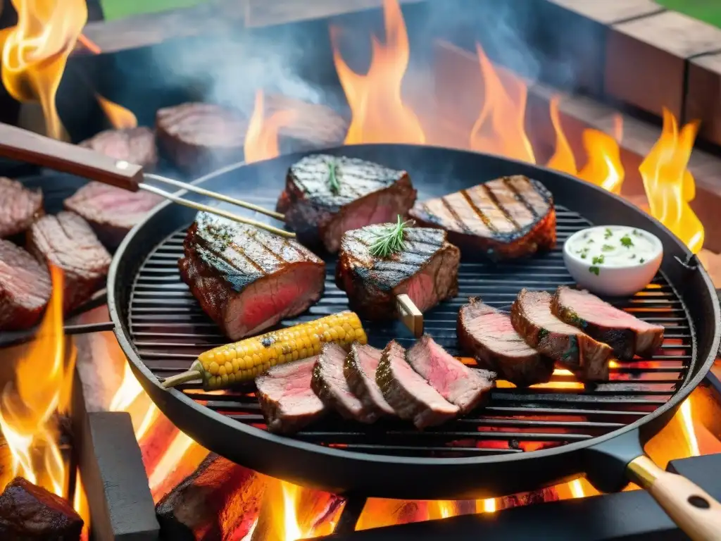 Una parrilla uruguaya tradicional con expertos asadores en un atardecer campestre