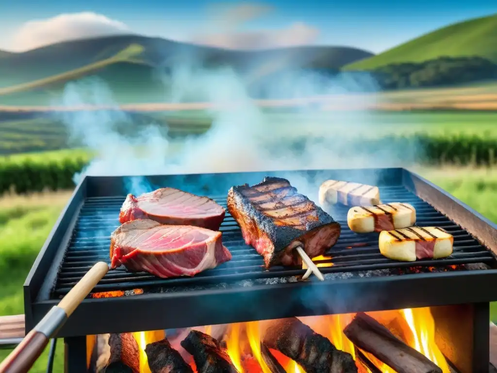 Una parrilla uruguaya tradicional con gauchos y cortes de carne asándose sobre brasas, en el campo