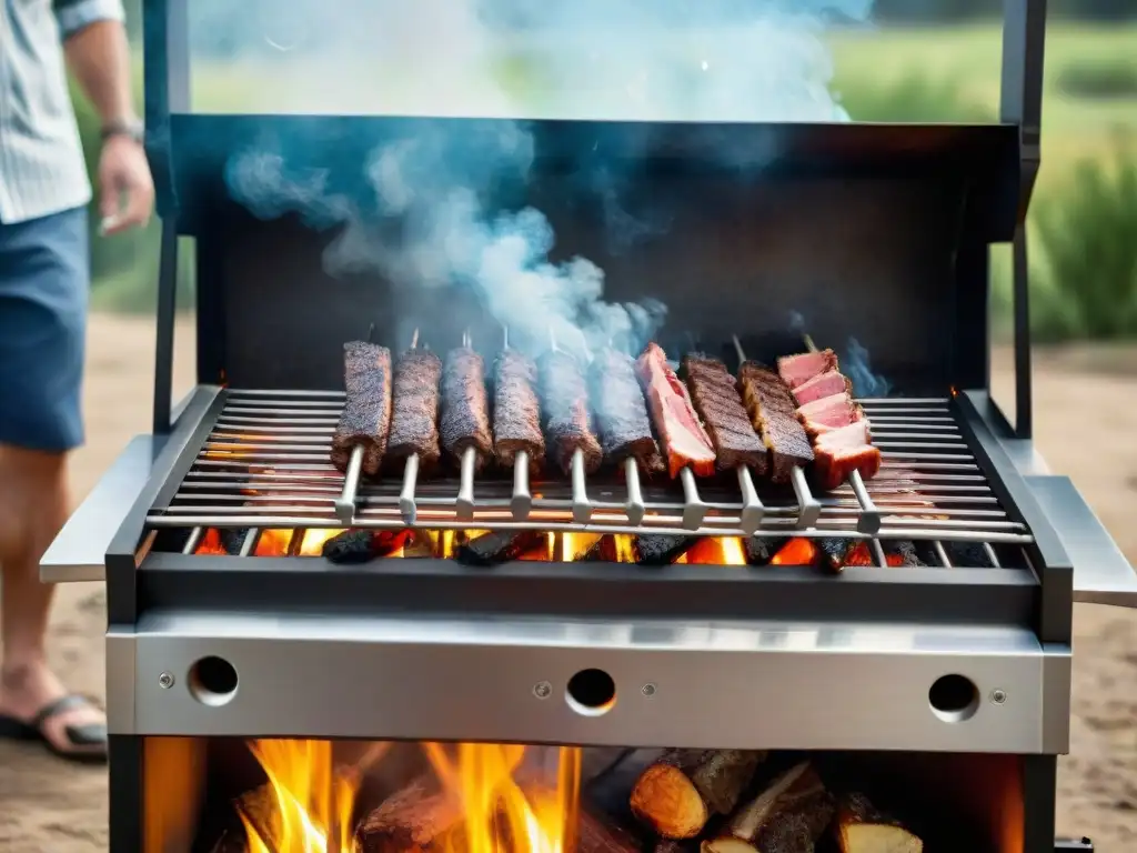 Una parrilla uruguaya tradicional hecha de madera oscura como quebracho o lapacho, con cortes de carne asándose sobre las llamas