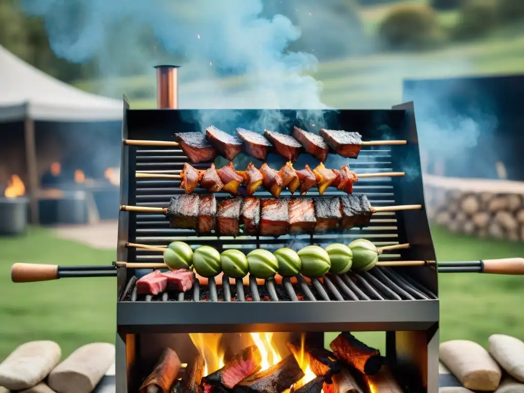 Una parrilla uruguaya tradicional con influencia árabe, carnes suculentas sobre las llamas, paisaje campestre verde