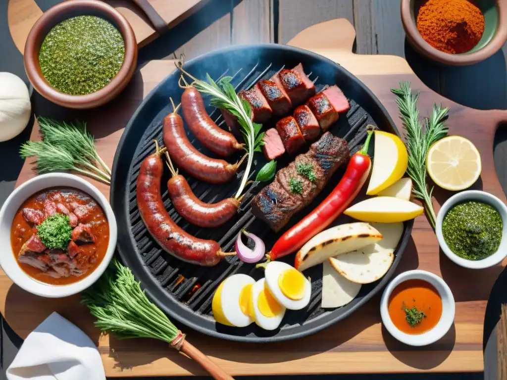 Una parrilla uruguaya tradicional con ingredientes locales y salsas para asado uruguayo casero, iluminados por cálida luz solar