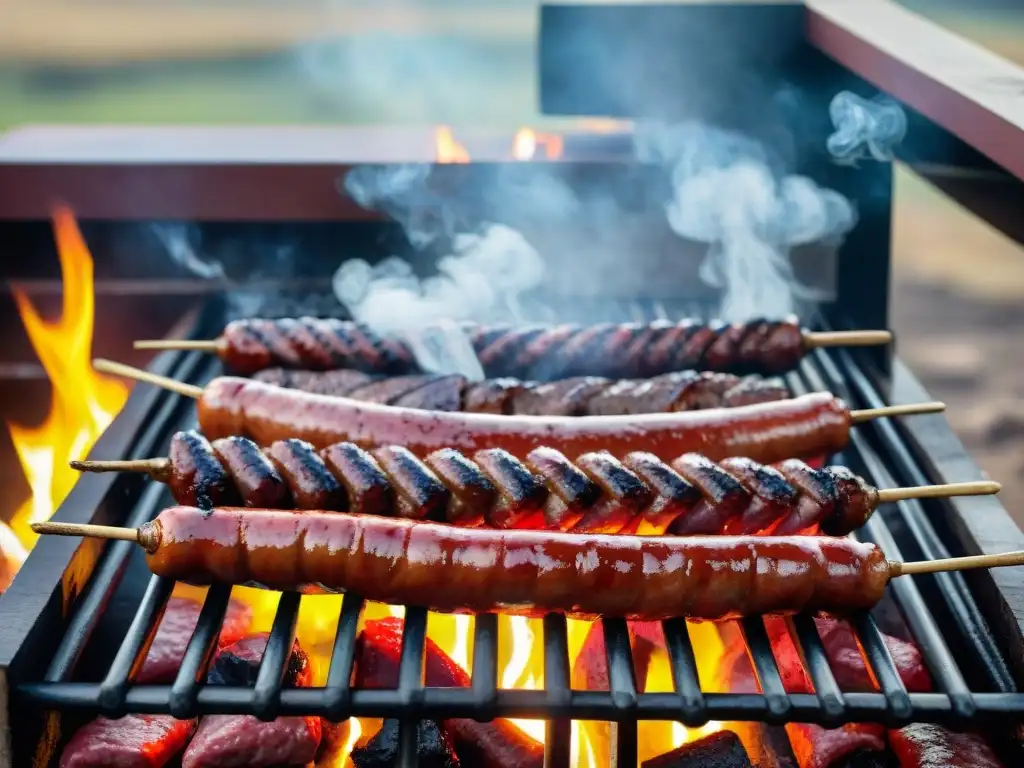 Una parrilla uruguaya tradicional llena de cortes de carne sizzling rodeada de brasas y humo, en un paisaje campestre